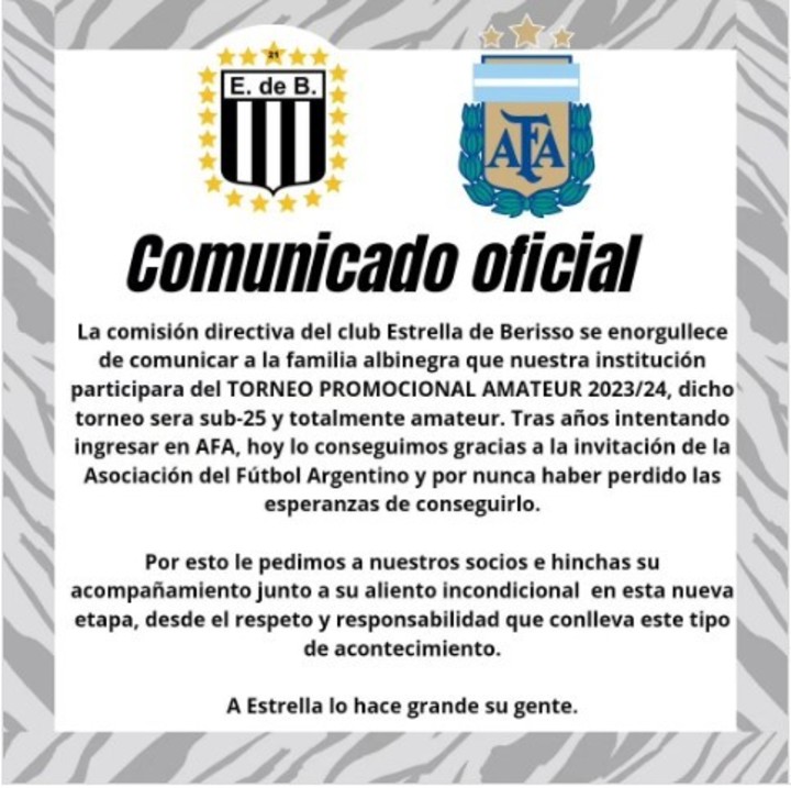 El anuncio de la invitación de Estrella de Berisso para el torneo Promocional Amateur 2024.