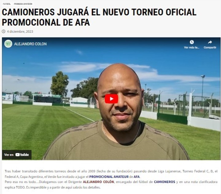 El anuncio de la invitación de Camioneros para el torneo Promocional Amateur 2024.