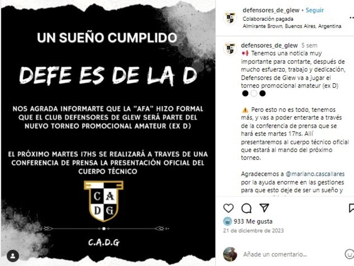 El anuncio de la invitación del Defensores de Glew para el torneo Promocional Amateur 2024.