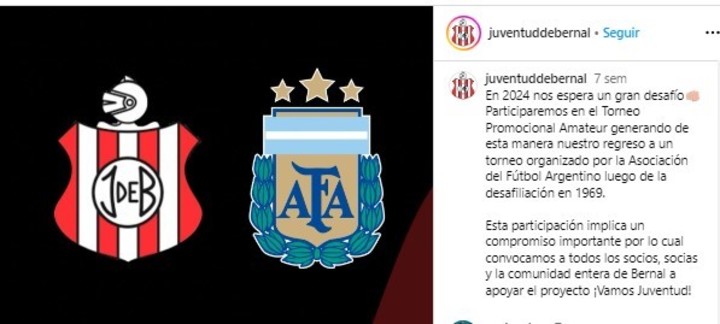 El anuncio de la invitación de Juventud de Bernal para el torneo Promocional Amateur 2024.