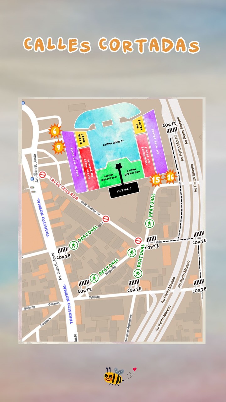 Un plano con las calles cortadas para facilitar el ingreso al show de Karol G