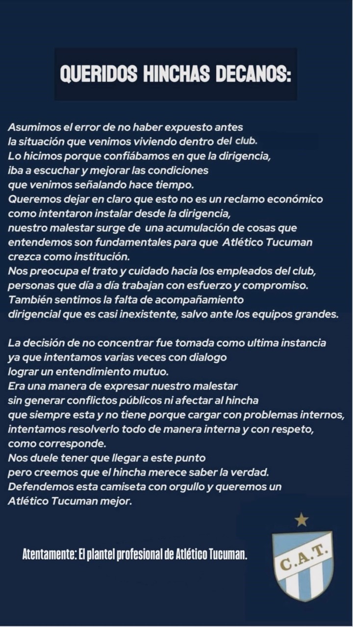 El duro comunicado de los jugadores de Atlético Tucumán.