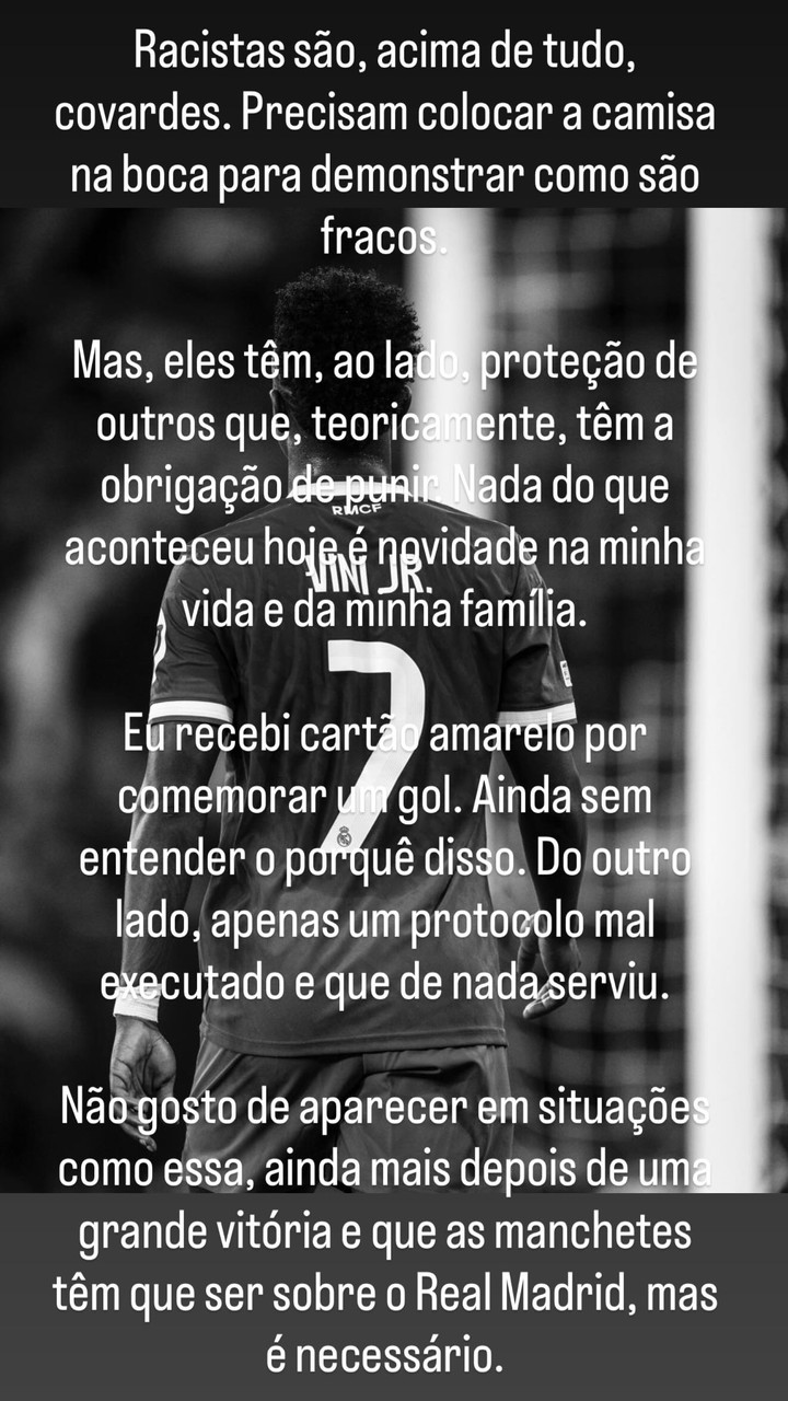 El comunicado de Vinícius tras el escándalo con Prestianni (Instagram).