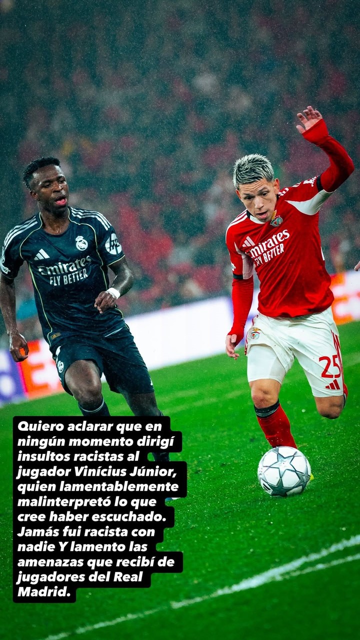 El posteo de Prestianni después de lo sucedido con Vinícius (Instagram @gianlucaa_11).