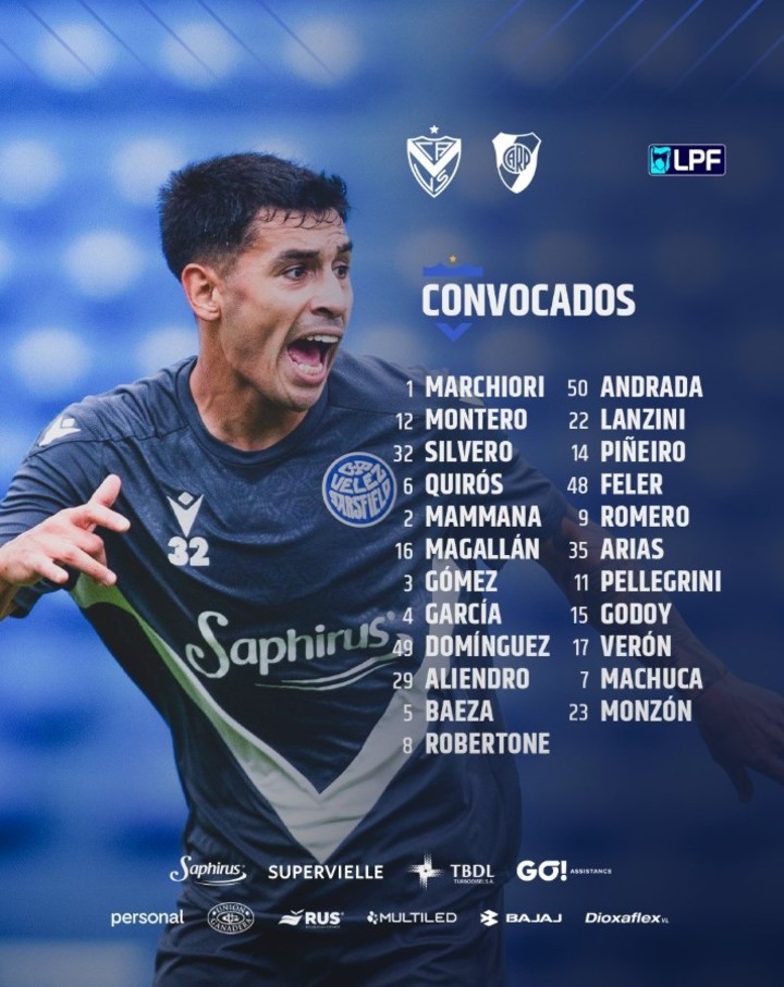 Los convocados de Vélez para jugar con River. (Foto: Vélez)