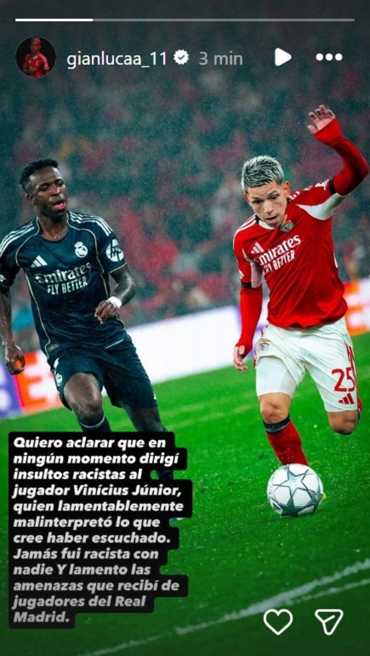 El posteo de Prestianni después de lo sucedido con Vinícius (Instagram @gianlucaa_11).