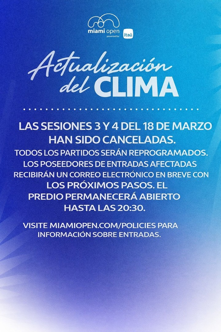 El comunicado de la organización tras la suspensión de la jornada por lluvia. (@MiamiOpen en X).