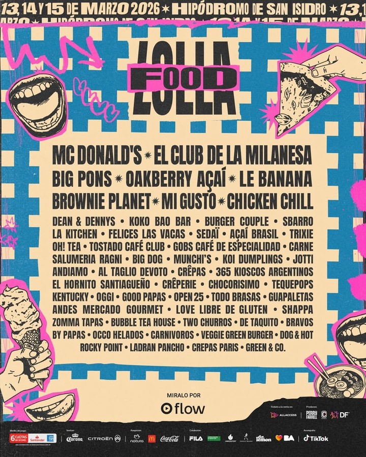 Propuestas gastronómicas Lollapalooza Argentina 2026. 