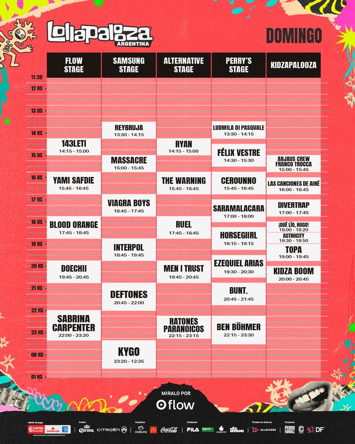 Lollapalooza Argentina 2026: horarios día 3. 