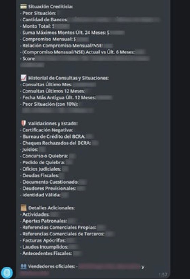 Datos en venta: Telegram. Captura: Derechos Digitales