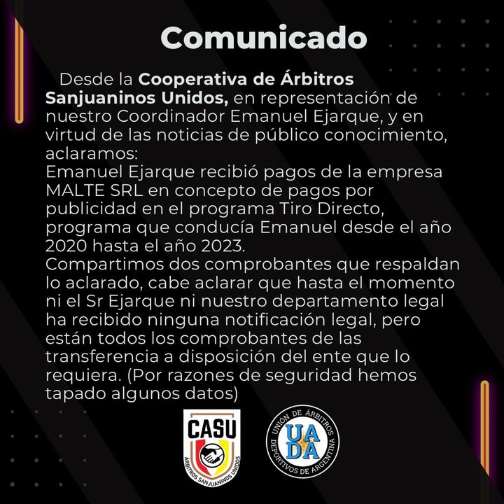 El comunicado de la Cooperativa de Árbitros Sanjuaninos Unidos en defensa de Ejarque.