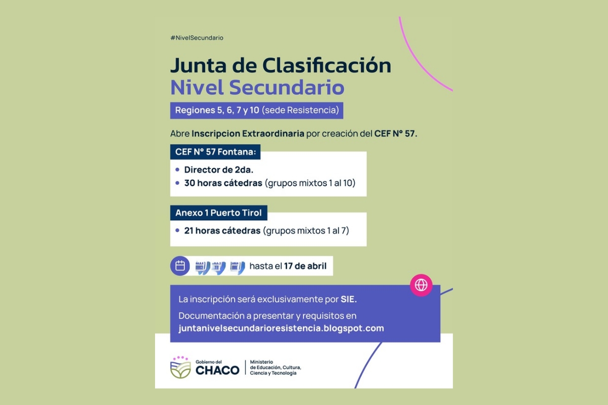 EDUCACIÓN INSCRIPCIÓN ABIERTA PARA CARGOS Y HORAS CÁTEDRA EN EL CEF N° 57