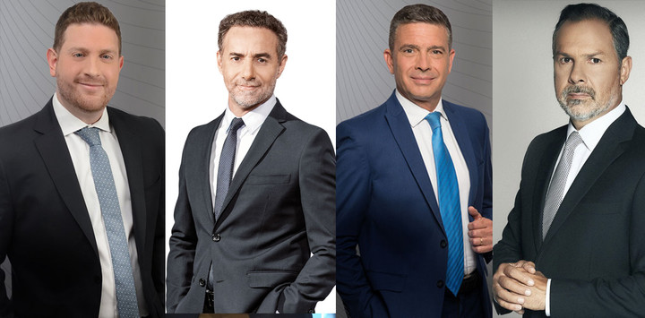 Jonatan Viale, Luis Majul, Pablo Rossi y Gustavo Sylvestre, en una dura competencia en la franja de las 20 horas.