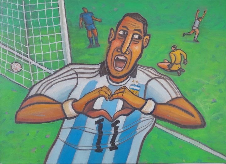 Un Ángel en la cancha, de Enrique Burone Risso, óleo sobre lienzo . 50 x 70 cm . 2025. Foto: gentileza Zurbaran.
