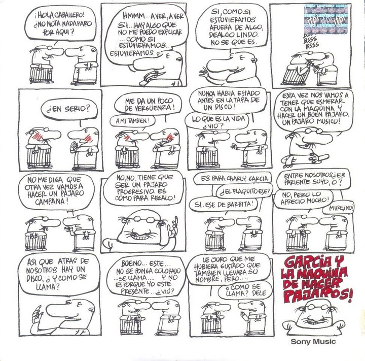 -La tapa del primer disco de Charly García y la máquina de hacer pájaros, con los dibujos de Crist.