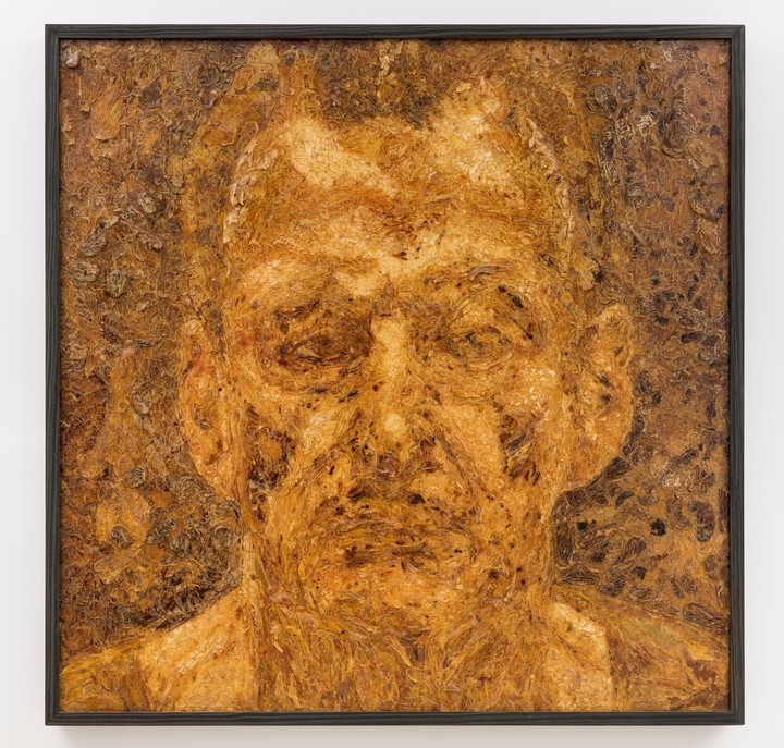 Lucian Freud, de Mondongo (2002). Chacinados y carnes ahumadas sobre madera, 150 x 150. Foto: Rodrigo Mendoza-Diego Spivacow, gentileza. Foto: gentileza.