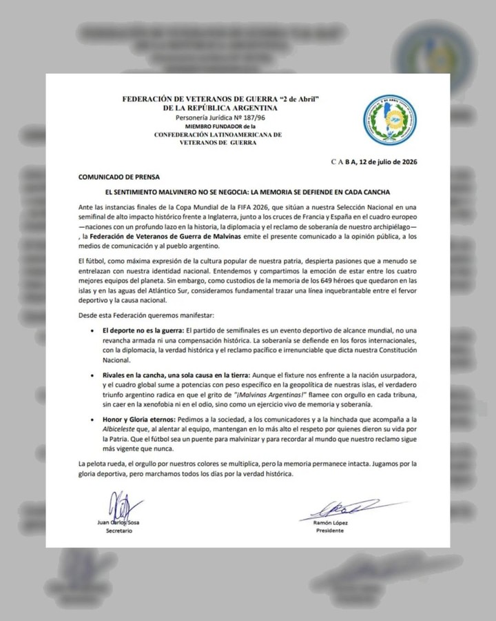 El comunicado de la Federación de Veteranos de Guerra 2 de Abril.