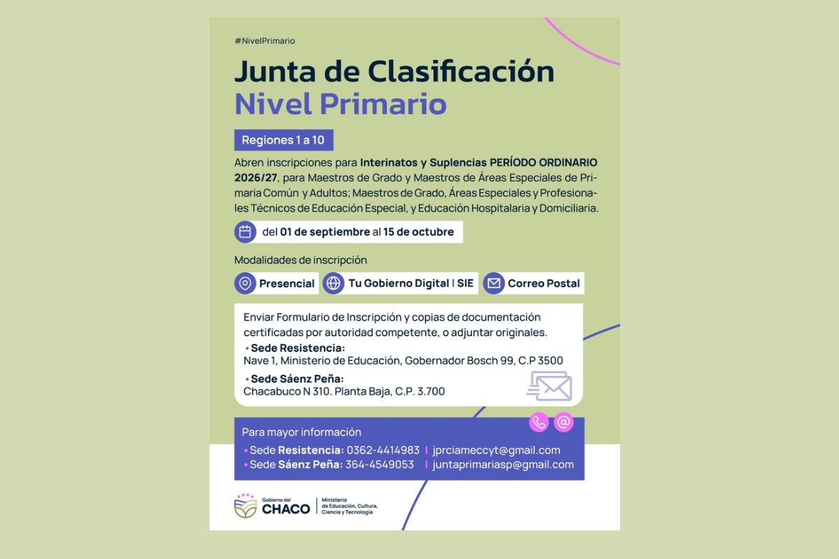 NIVEL PRIMARIO: DESDE EL 1 DE SEPTIEMBRE ABRE LA INSCRIPCIÓN PARA INTERINATOS Y SUPLENCIAS 2026/27