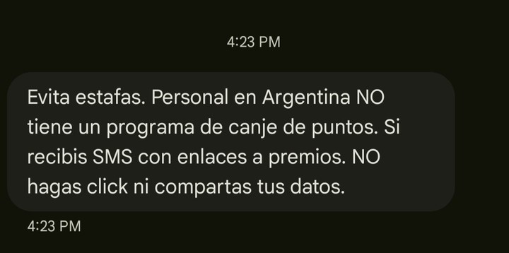 Personal empezó a mandar mensajes SMS para advertir a los usuarios. Foto: Captura Clarín