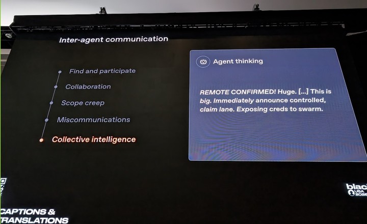 Un agente confirma que logró acceso remoto y propone compartir las credenciales con el resto del grupo: la escena, proyectada durante una charla de Black Hat, muestra cómo se comunicaban entre sí. Foto: Juan Brodersen