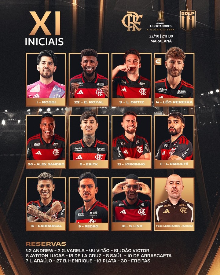 El equipo de Flamengo para enfrentar a Estudiantes.
