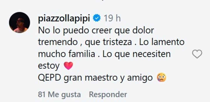 Pipi Piazzolla manifestó su sorpresa ante el fallecimiento de Carlos Riganti. | Foto: Instagram